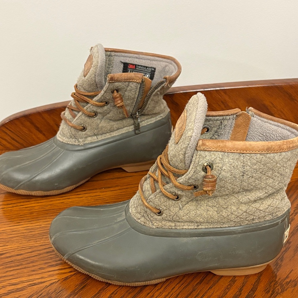 Sperry Quilted Wool Duck Boots in Gray and Taupe with Leather Trim
